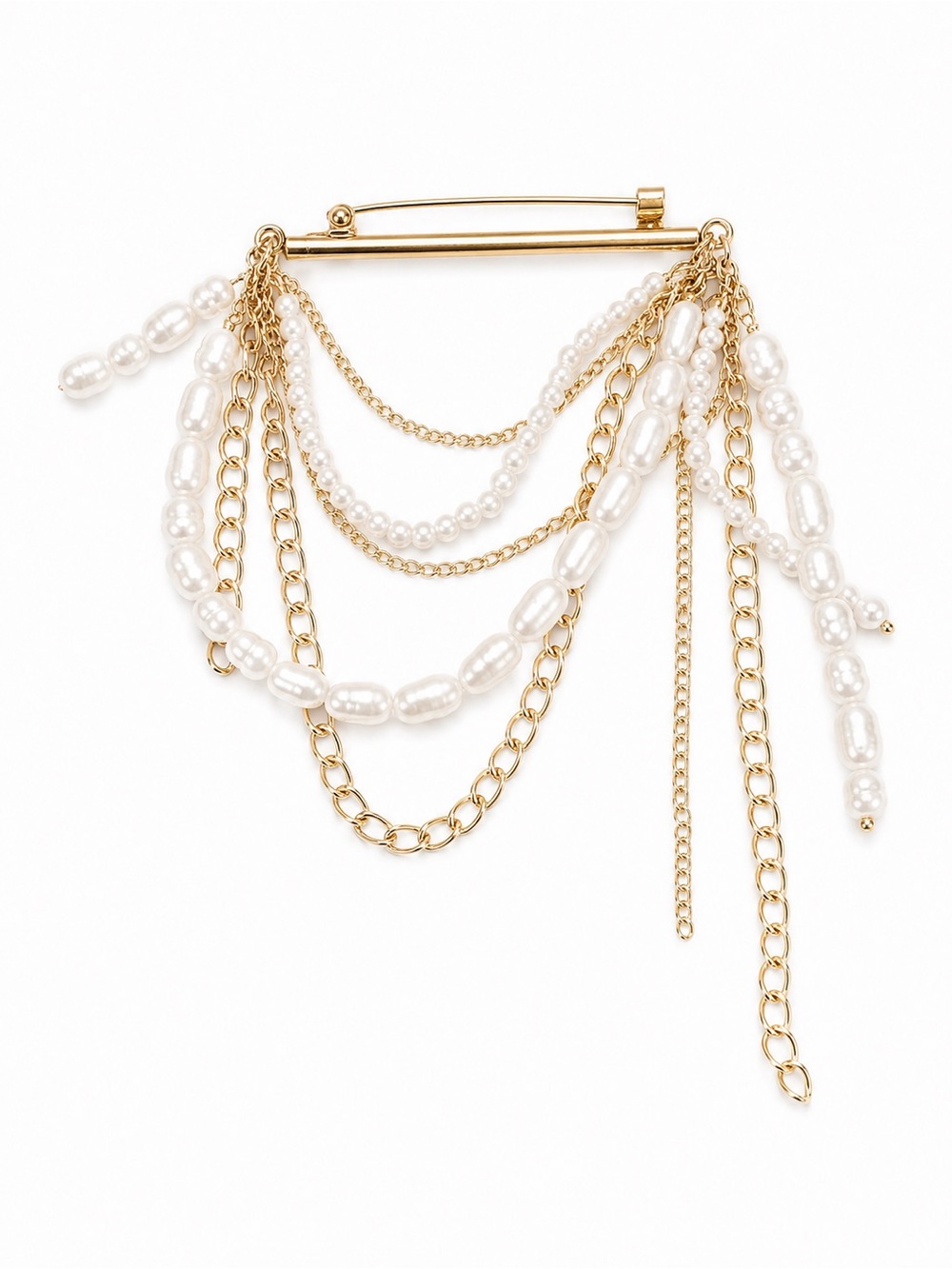 Elegant Gold Tone Pearl Drape Brooch Pin Layered Chains Statement Brooch